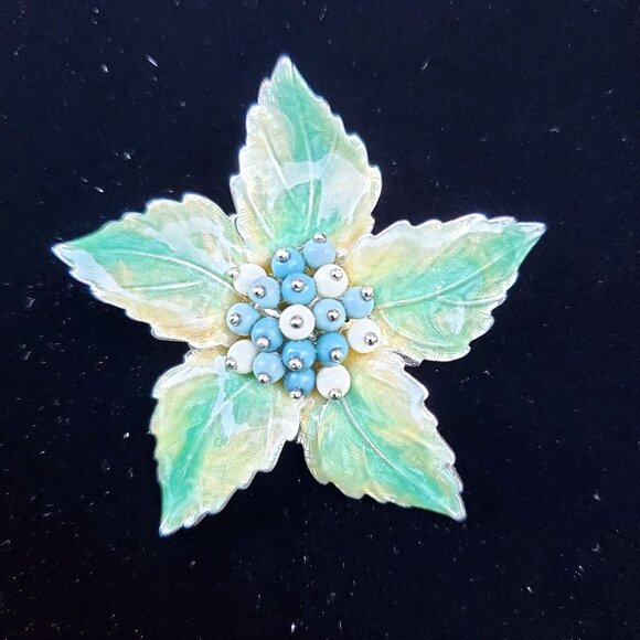 Vintage Liz Claiborne Flower Brooch Pin Enamel Beaded Green - Picture 2 of 7